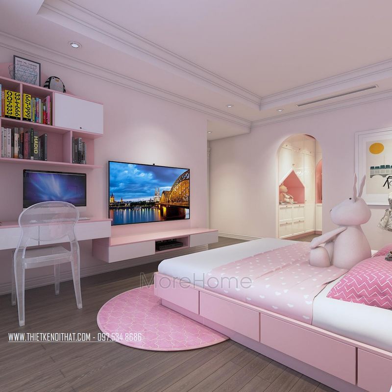 Phòng ngủ bé gái đẹp với sắc hồng đáng yêu